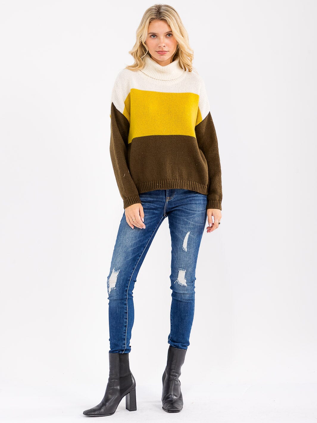 WOMEN'S LONG SLEEVE TURTLE NECK COLORBLOCK KNIT PULLOVER SWEATER