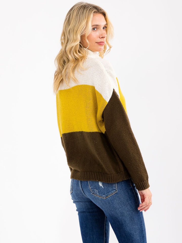 WOMEN'S LONG SLEEVE TURTLE NECK COLORBLOCK KNIT PULLOVER SWEATER