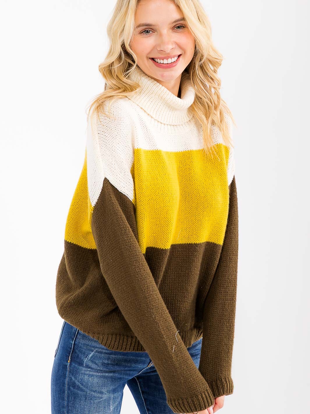 WOMEN'S LONG SLEEVE TURTLE NECK COLORBLOCK KNIT PULLOVER SWEATER