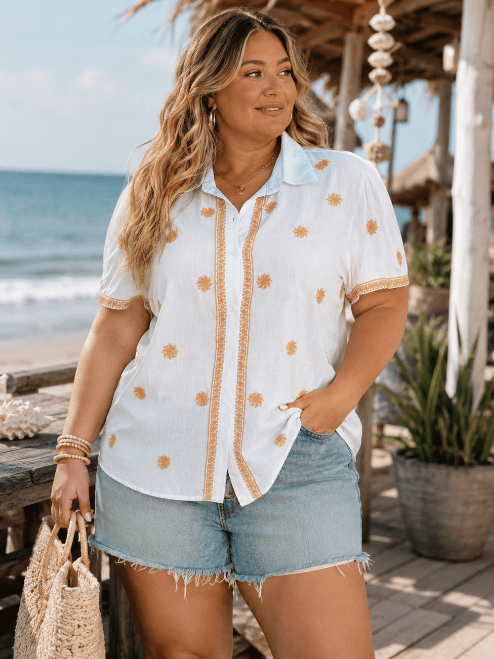 PLUS SIZE SHORT SLEEVE V-NECK BUTTON UP EMBROIDERY TRIM DETAILED BLOUSE