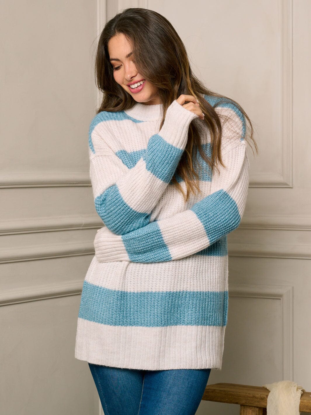 WOMEN'S LONG SLEEVE COLORBLOCK STRIPES PULLOVER SWEATER
