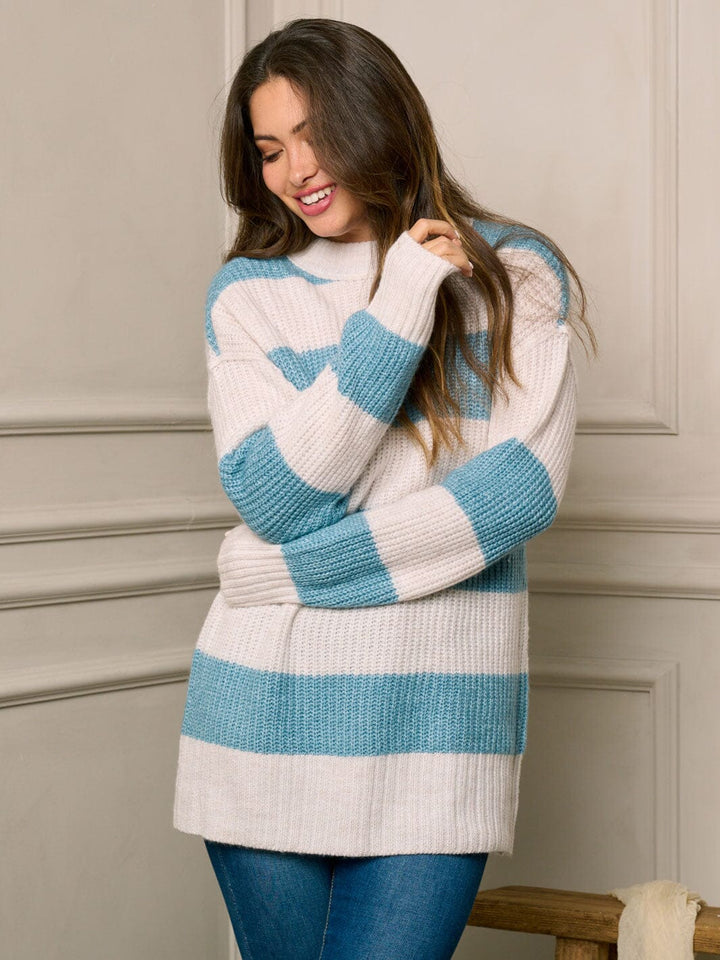 WOMEN'S LONG SLEEVE COLORBLOCK STRIPES PULLOVER SWEATER