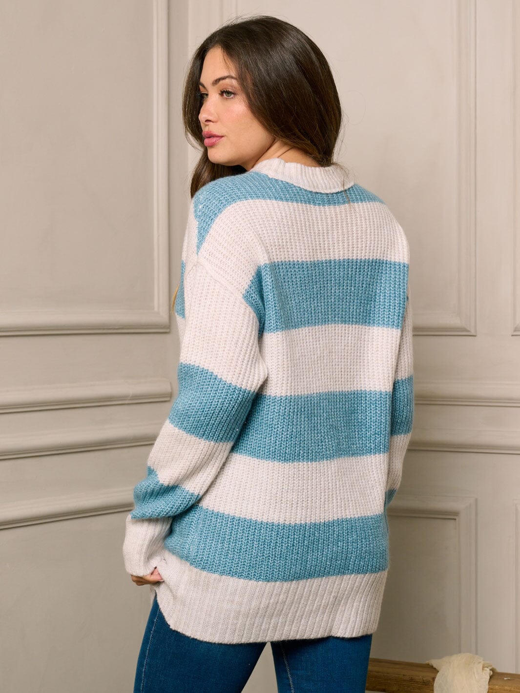 WOMEN'S LONG SLEEVE COLORBLOCK STRIPES PULLOVER SWEATER