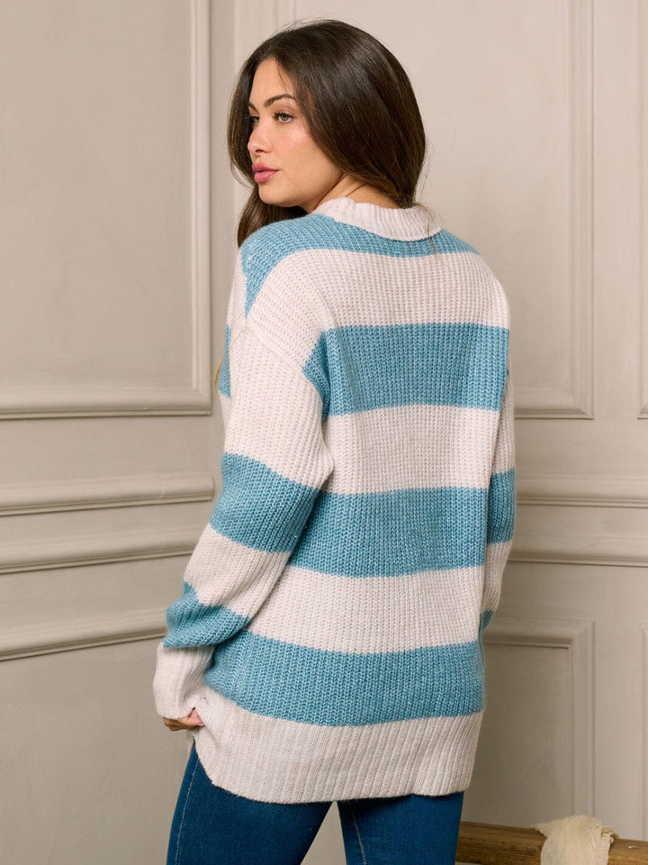WOMEN'S LONG SLEEVE COLORBLOCK STRIPES PULLOVER SWEATER