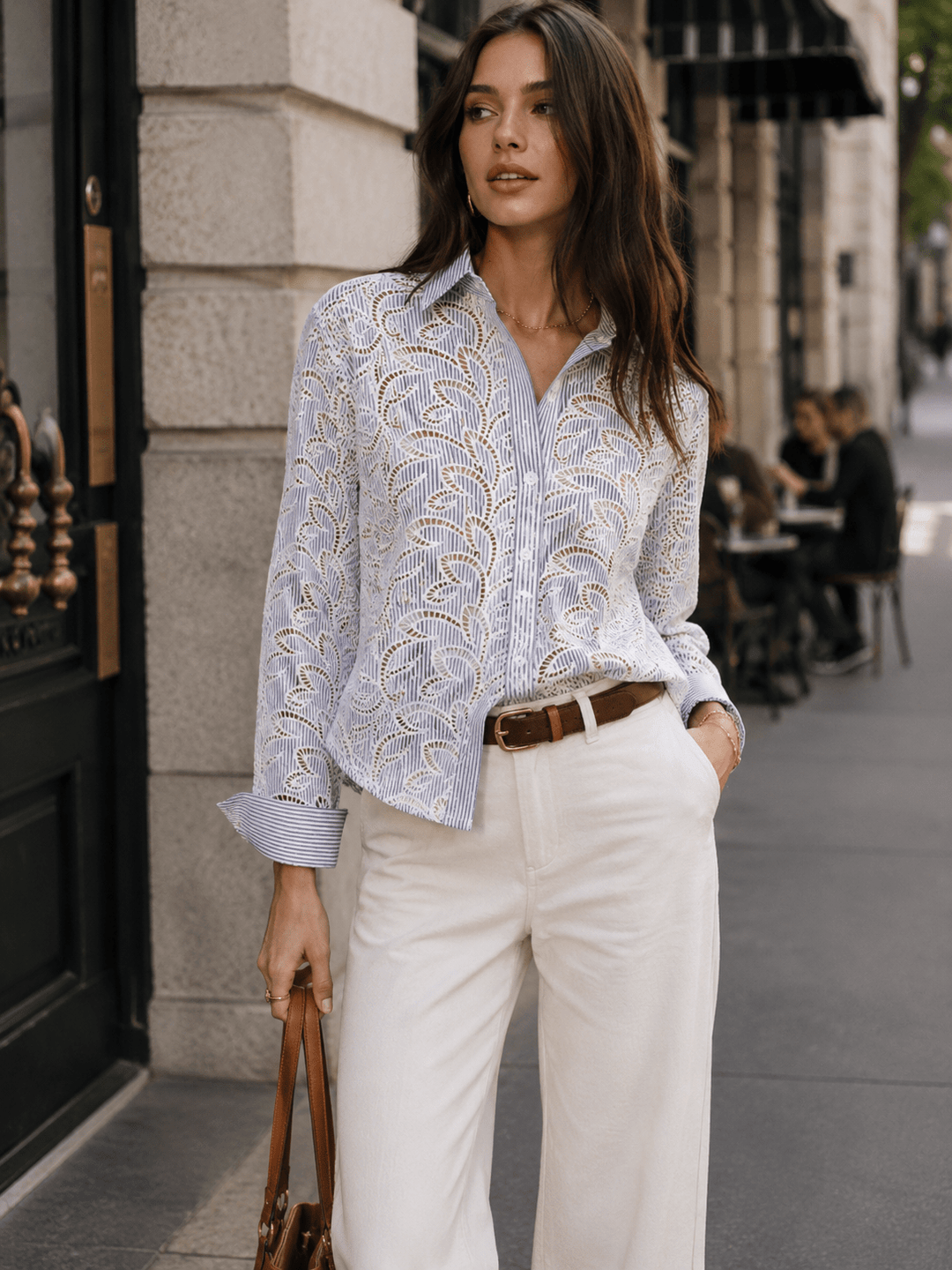 WOMEN'S LONG SLEEVE BUTTON UP STRIPES BLOUSE