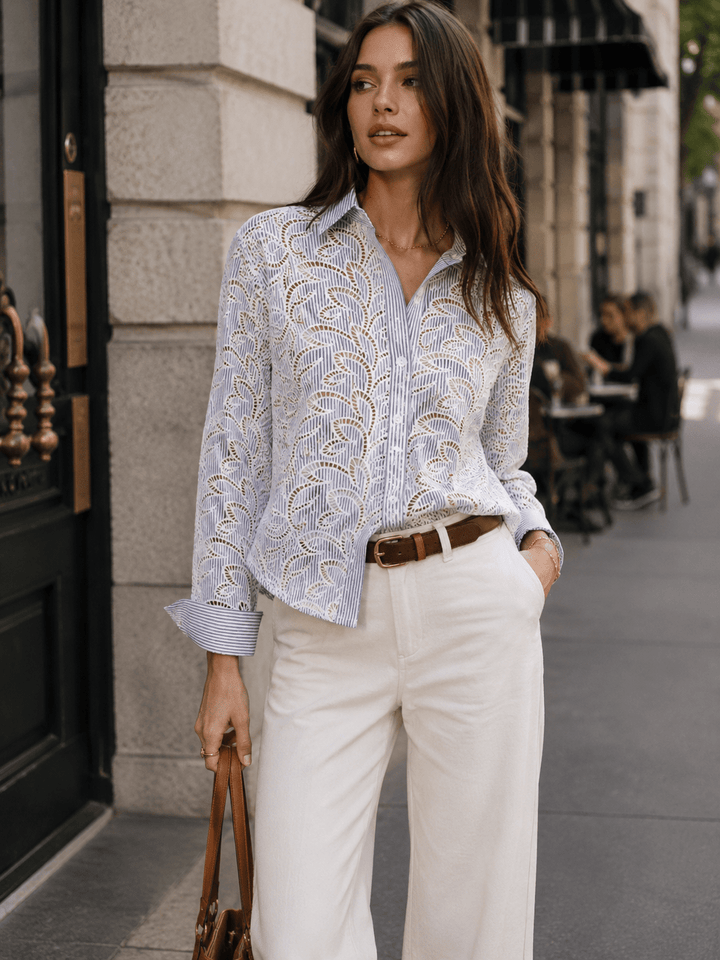 WOMEN'S LONG SLEEVE BUTTON UP STRIPES BLOUSE