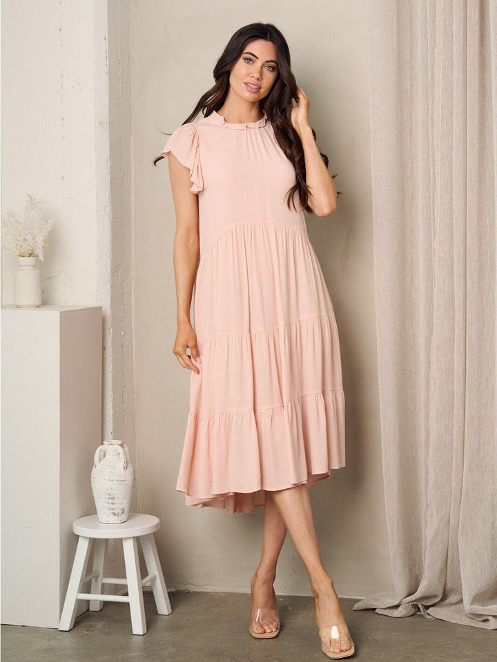 WOMEN'S SHORT RUFFLE SLEEVE TIERED MIDI DRESS