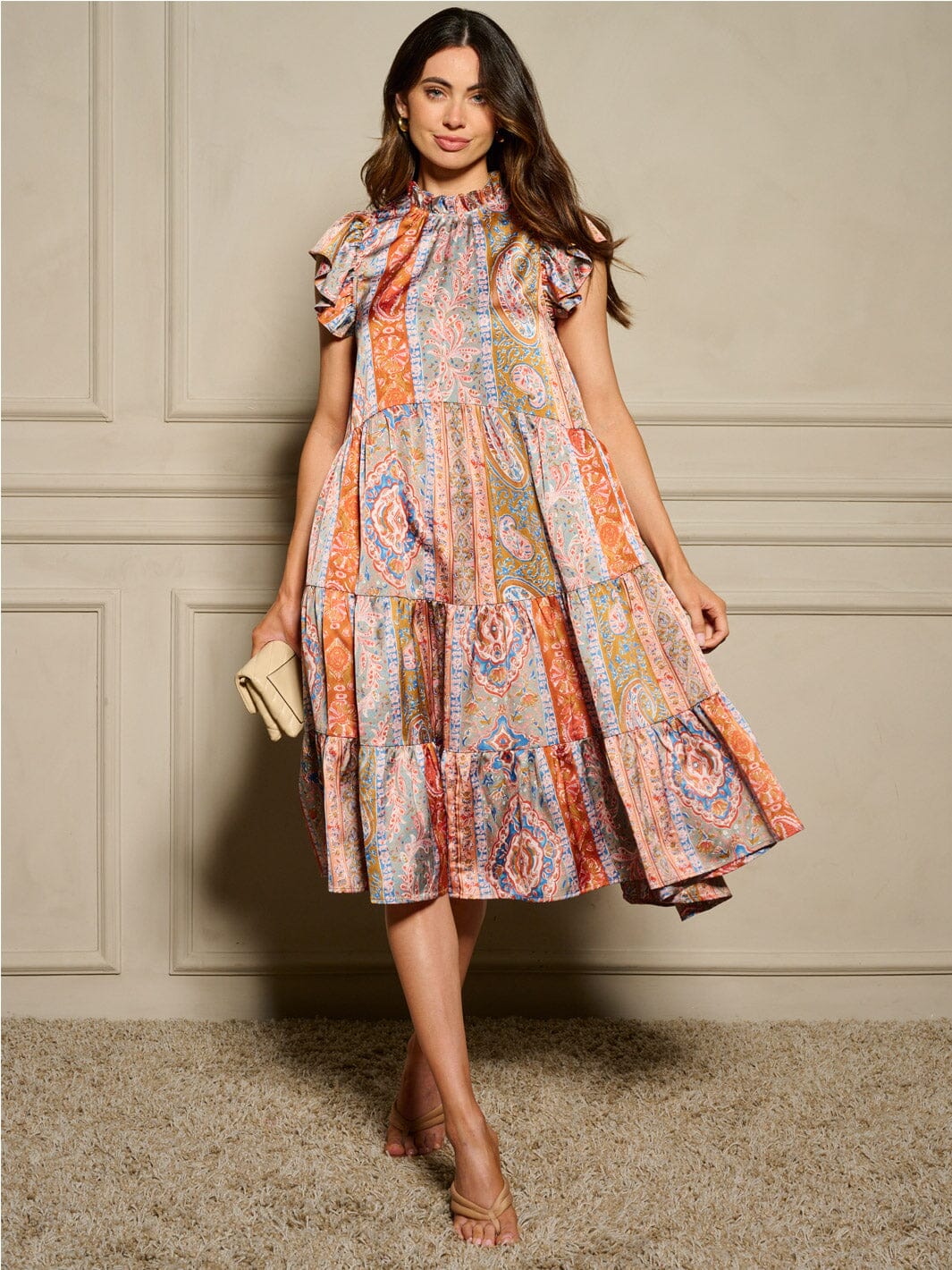 WOMEN'S SHORT SLEEVE MOCK NECK POCKETS MULTI PRINT MIDI DRESS