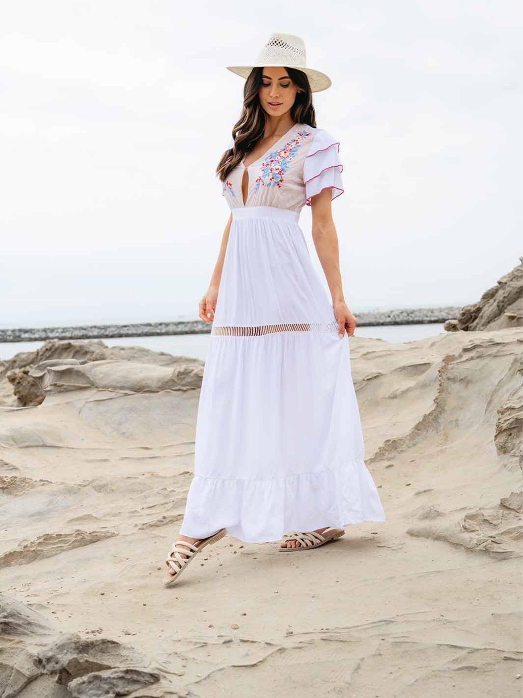 WOMEN'S SHORT RUFFLE SLEEVE EMBROIDERY MAXI DRESS
