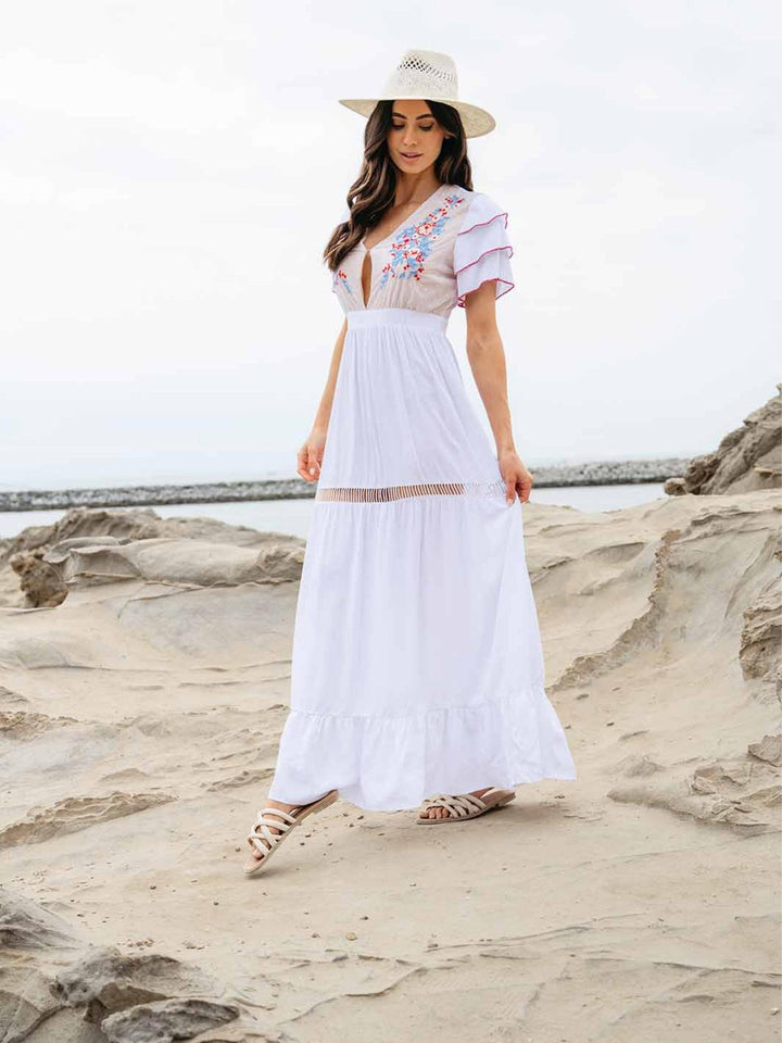 WOMEN'S SHORT RUFFLE SLEEVE EMBROIDERY MAXI DRESS