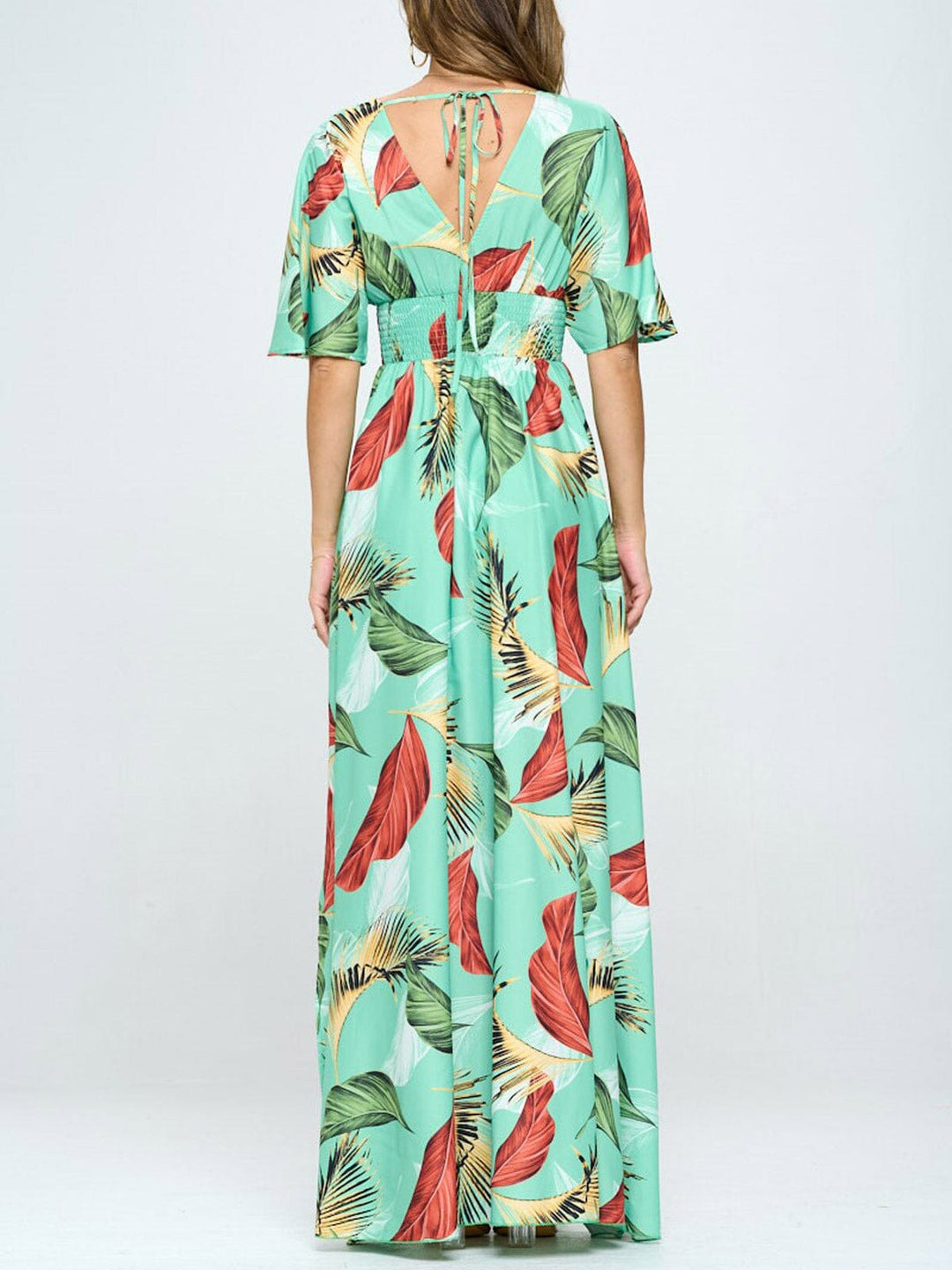 WOMEN'S SHORT SLEEVE SURPLICE SMOCK WAIST PRINTED MAXI DRESS