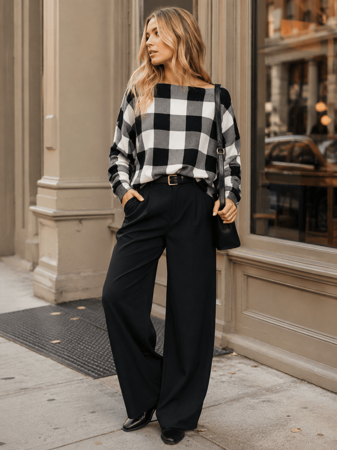 WOMEN'S LONG SLEEVE OFF SHOULDER PLAID TOP
