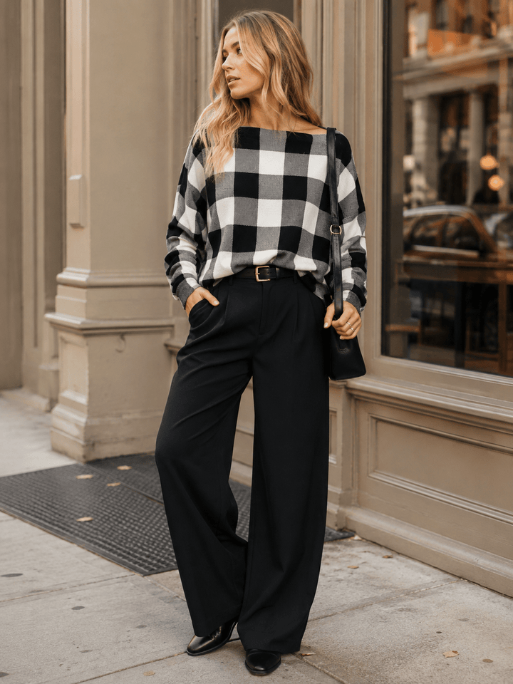 WOMEN'S LONG SLEEVE OFF SHOULDER PLAID TOP