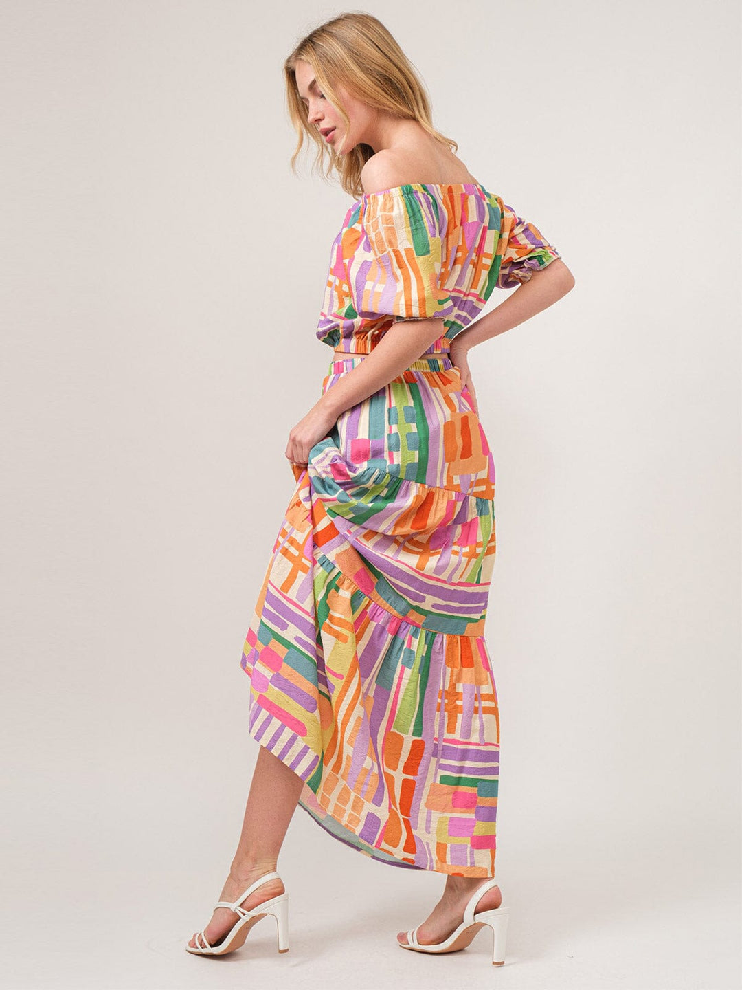 WOMEN'S SHORT SLEEVE BLOUSE & ELASTIC WAIST MAXI SKIRT MULTI COLOR 2PC. SET