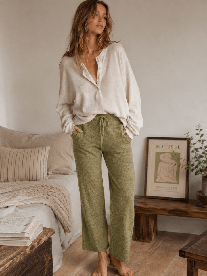 WOMEN'S ELASTIC WAIST POCKETS SELF TIE WIDE LEG PANTS