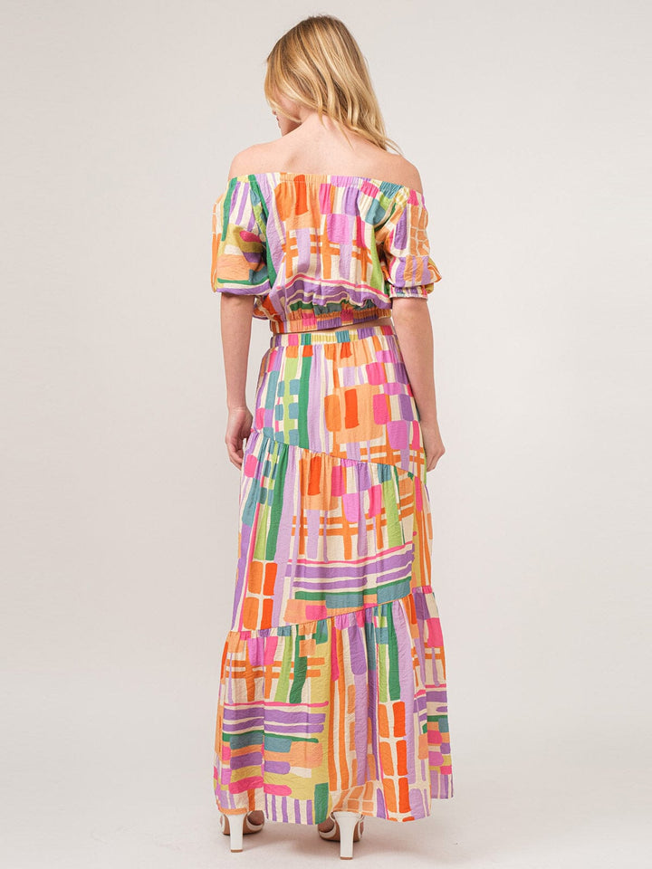 WOMEN'S SHORT SLEEVE BLOUSE & ELASTIC WAIST MAXI SKIRT MULTI COLOR 2PC. SET