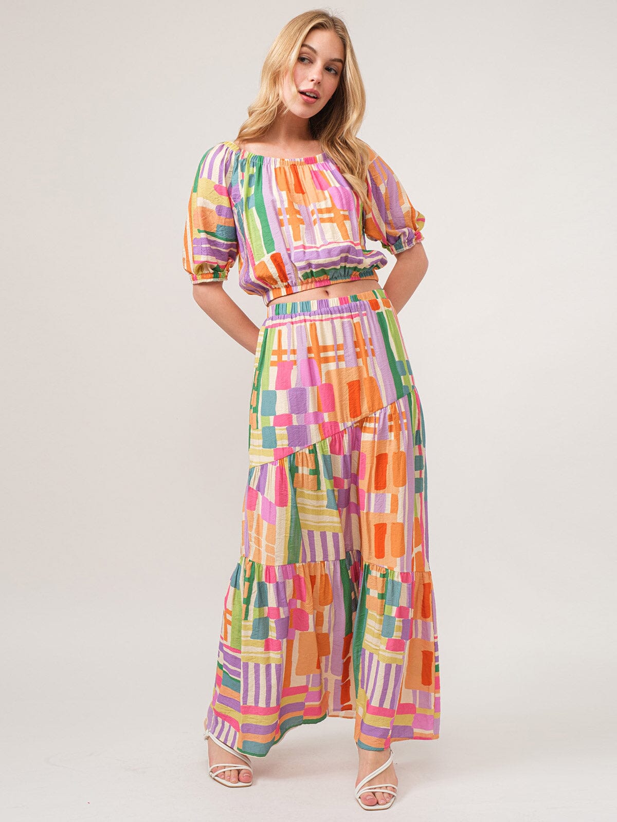 WOMEN'S SHORT SLEEVE BLOUSE & ELASTIC WAIST MAXI SKIRT MULTI COLOR 2PC. SET