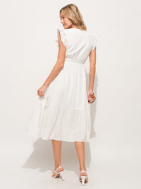 WOMEN'S RUFFLE SLEEVE V-NECK SMOCK TIERED MIDI DRESS