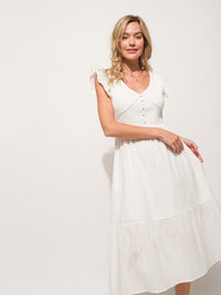 WOMEN'S RUFFLE SLEEVE V-NECK SMOCK TIERED MIDI DRESS