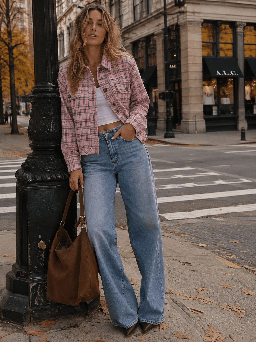 WOMEN'S LONG SLEEVE BUTTON CLOSURE FRONT POCKETS PLAID JACKET