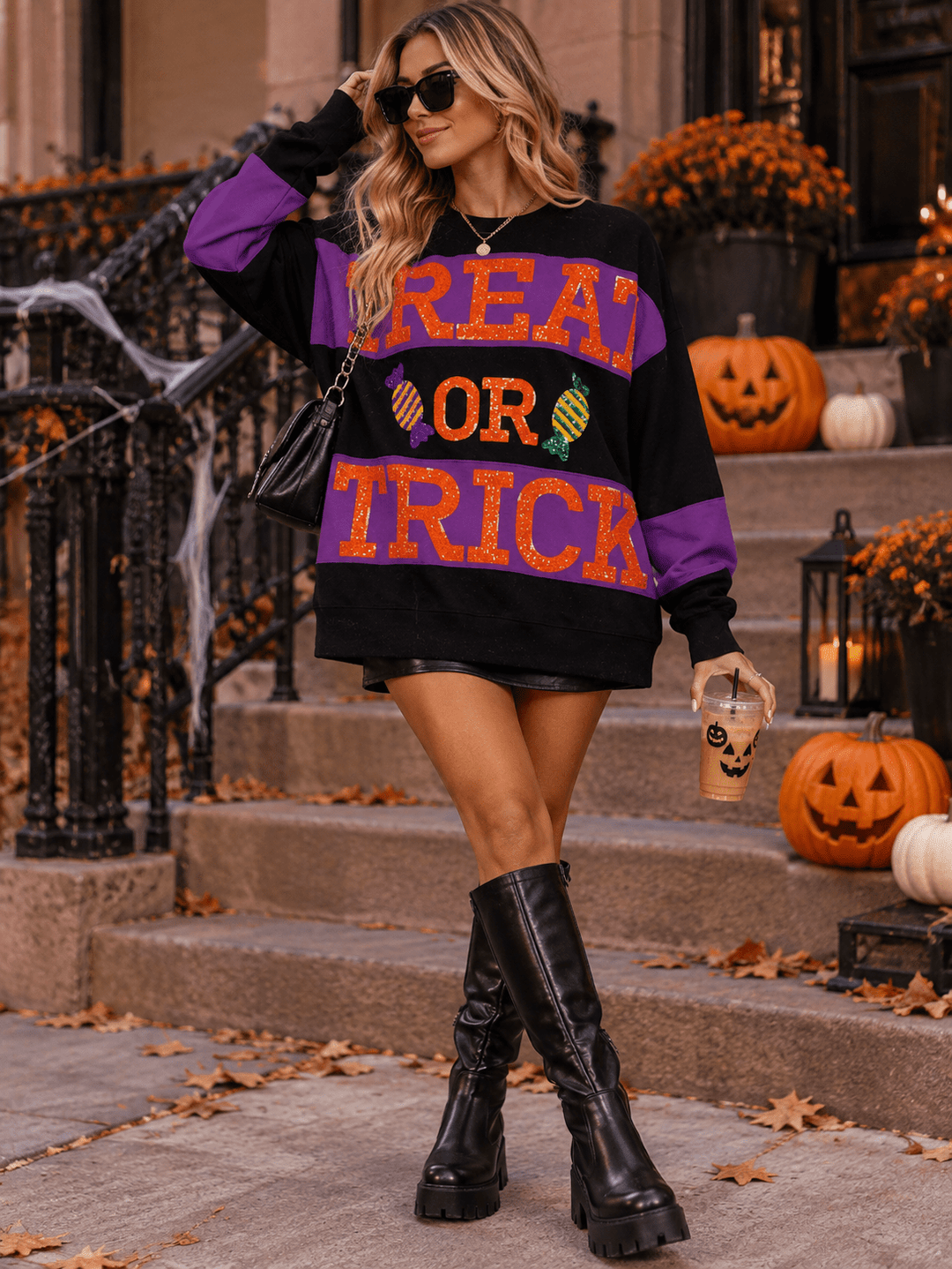 WOMEN'S LONG SLEEVE SEQUINS TREAT OR TRICK PULLOVER SWEATER