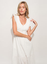 WOMEN'S RUFFLE SLEEVE V-NECK SMOCK TIERED MIDI DRESS