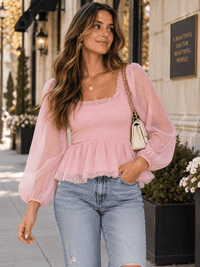 ENTRO WOMEN'S LONG SLEEVE SQUARE NECK SMOCK MESH CONTRAST PEPLUM BLOUSE