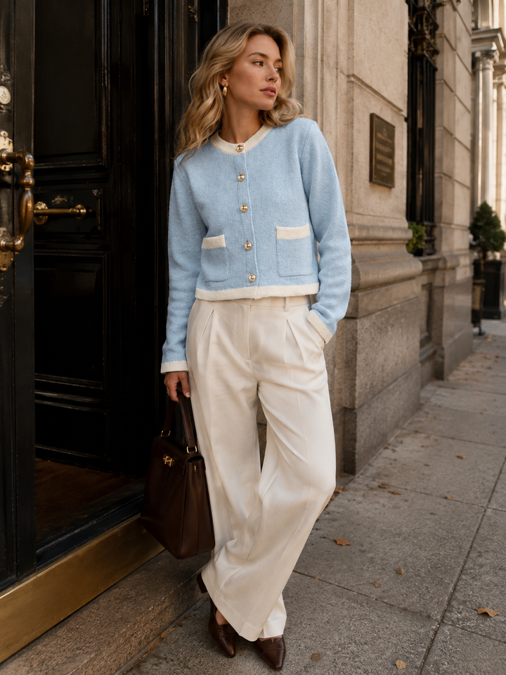 WOMEN'S LONG SLEEVE BUTTON CLOSURE FRONT POCKETS COLORBLOCK KNIT SWEATER