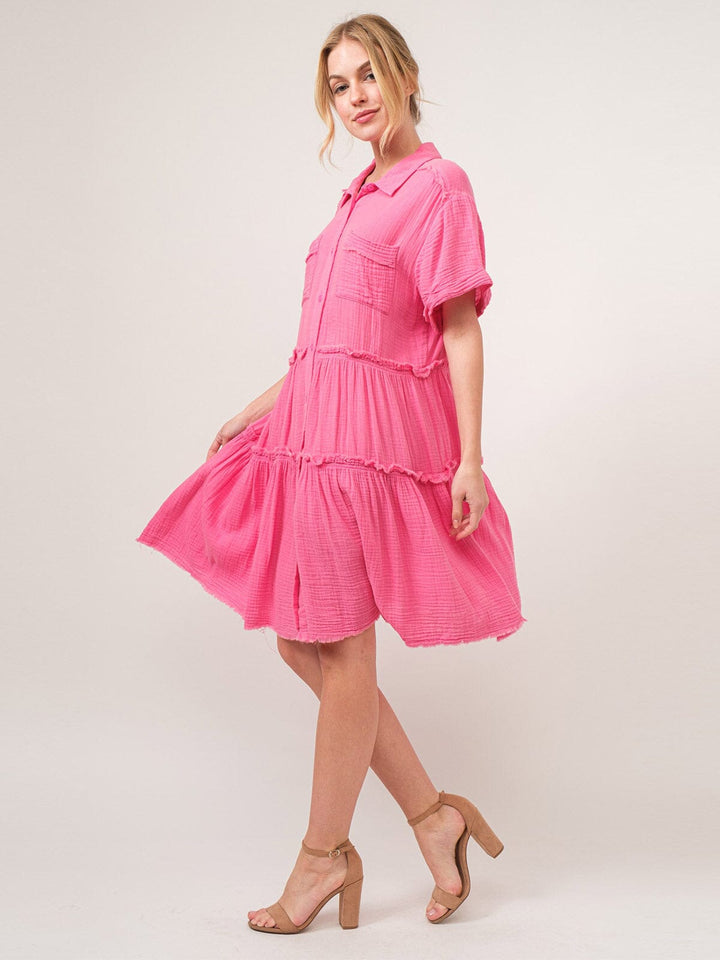 WOMEN'S SHORT SLEEVE BUTTON CLOSURE TIERED TUNIC MINI DRESS