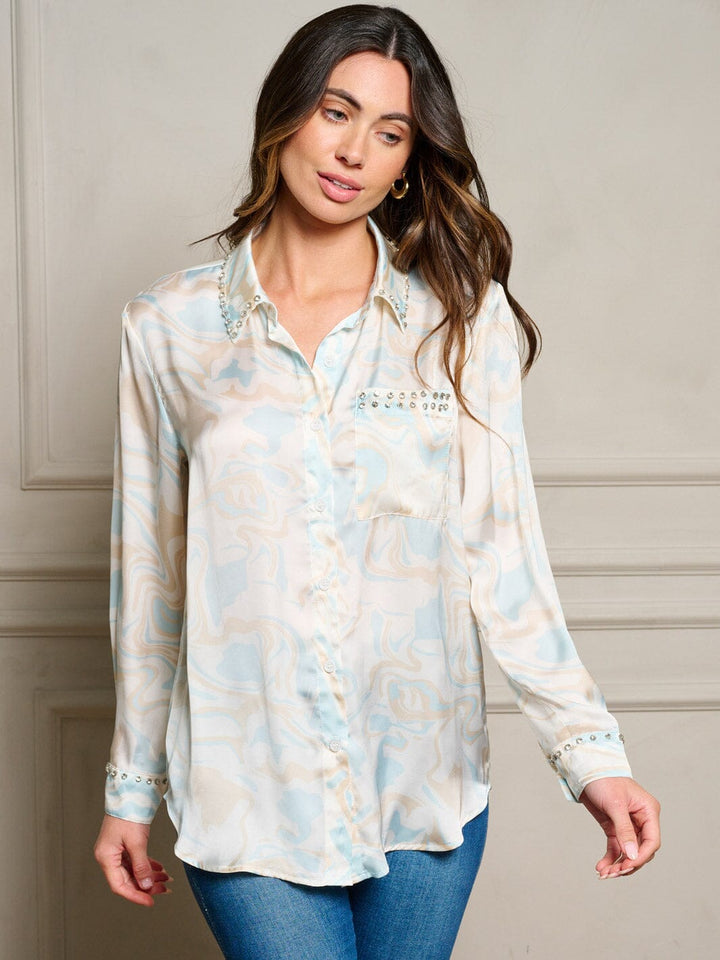 WOMEN'S LONG SLEEVE BUTTON UP STUDS DETAILED BLOUSE TOP