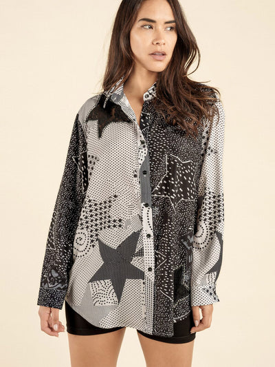 WOMEN'S LONG SLEEVE BUTTON UP STUDS COLLAR PRINTED BLOUSE TOP