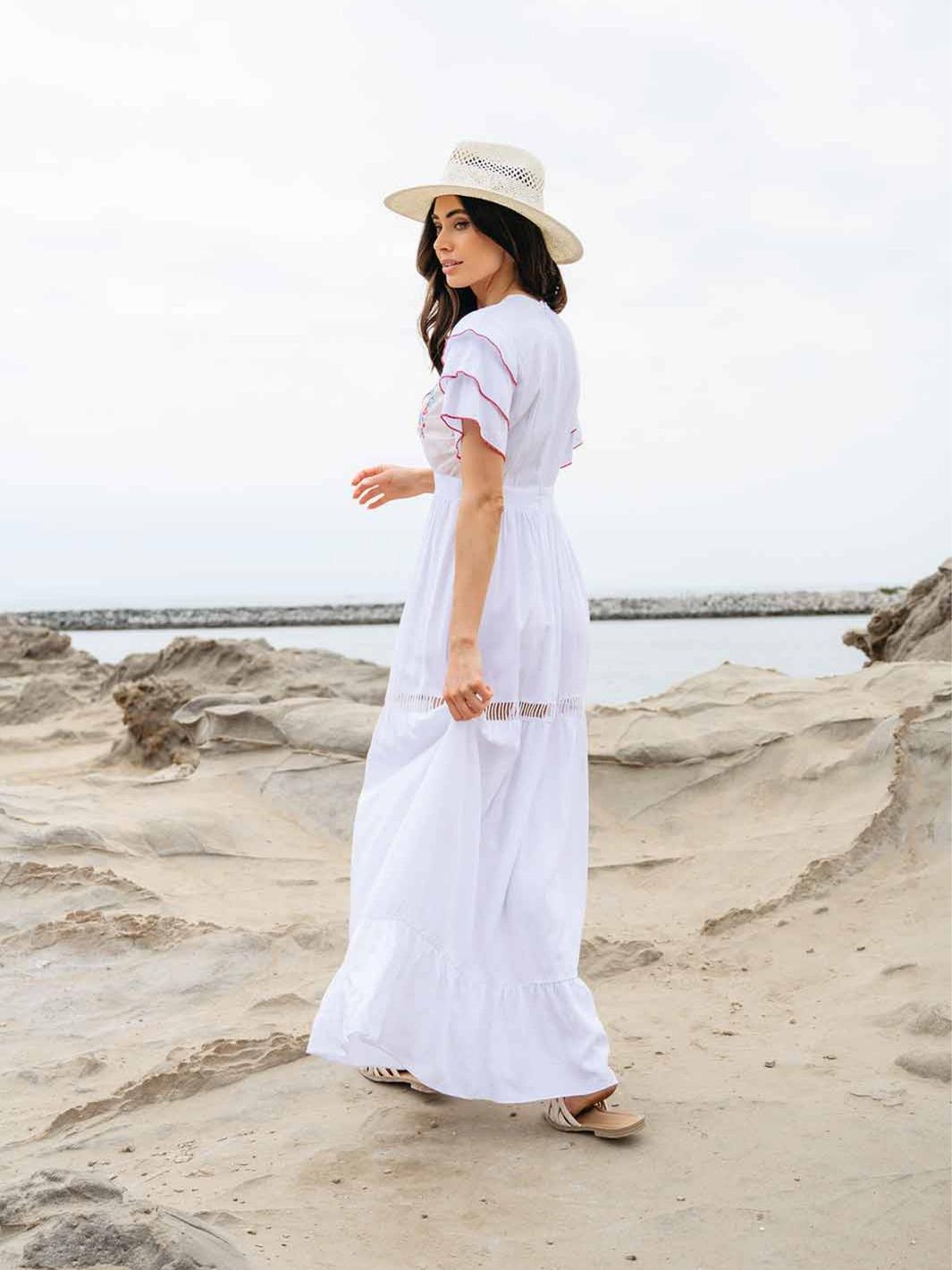WOMEN'S SHORT RUFFLE SLEEVE EMBROIDERY MAXI DRESS