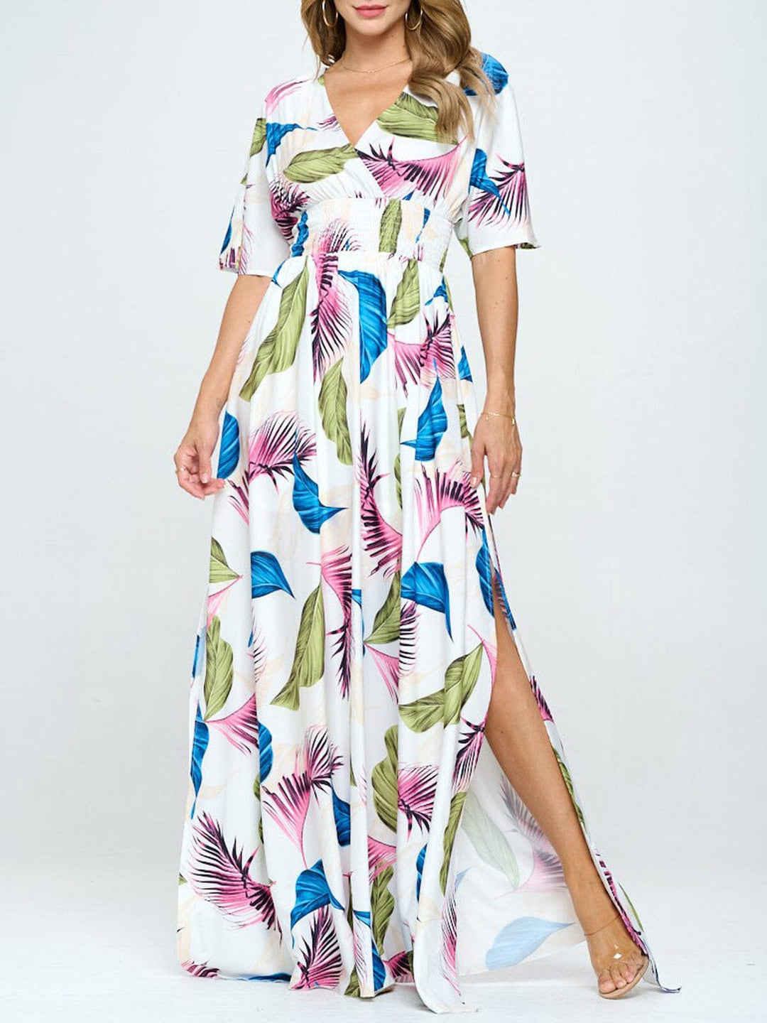 WOMEN'S SHORT SLEEVE SURPLICE SMOCK WAIST PRINTED MAXI DRESS