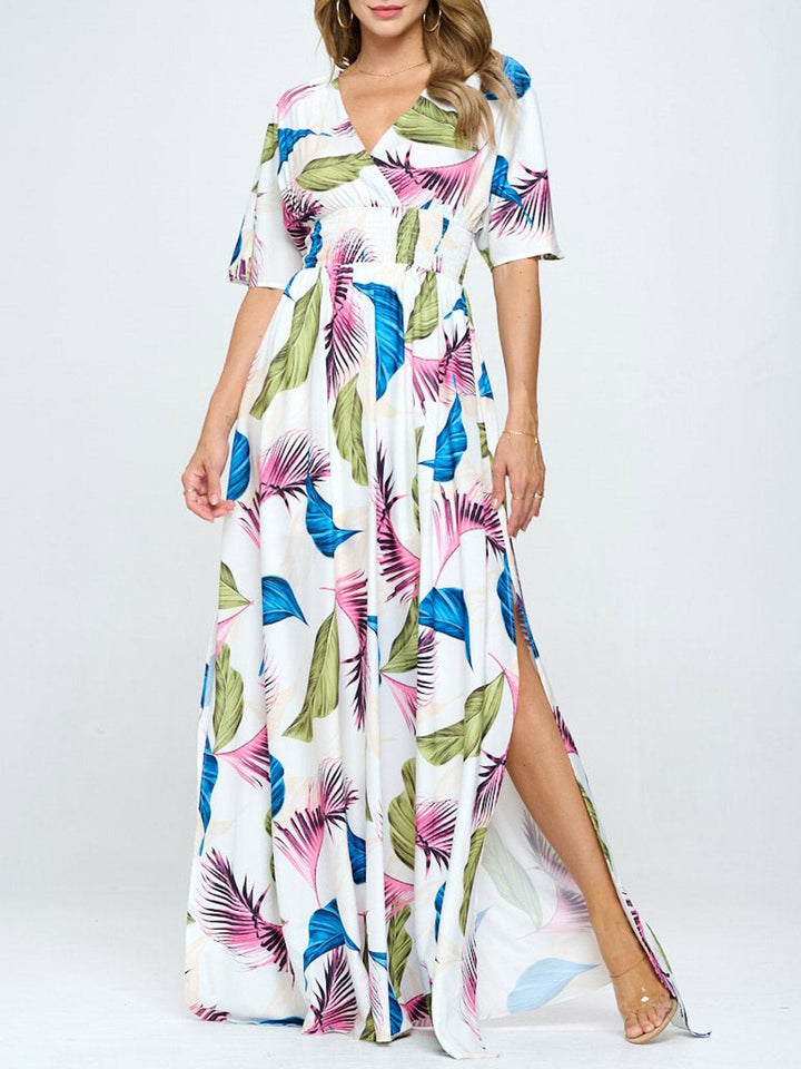 WOMEN'S SHORT SLEEVE SURPLICE SMOCK WAIST PRINTED MAXI DRESS