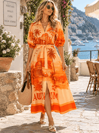 WOMEN'S SHORT SLEEVE BUTTON UP SELF TIE POCKETS MULTI PRINT MAXI DRESS