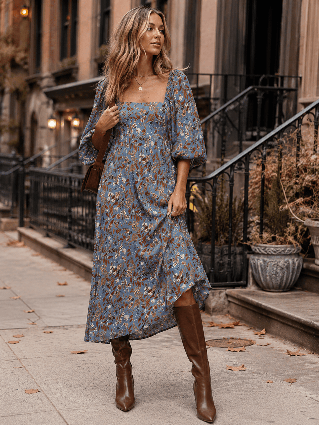 WOMEN'S 3/4 SLEEVES SQUARE NECK FRONT POCKETS FLORAL MIDI DRESS