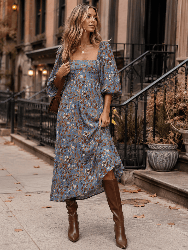 WOMEN'S 3/4 SLEEVES SQUARE NECK FRONT POCKETS FLORAL MIDI DRESS