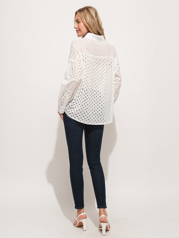 WOMEN'S LONG SLEEVE BUTTON UP EYELET TOP