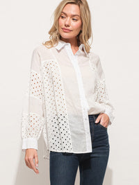 WOMEN'S LONG SLEEVE BUTTON UP EYELET TOP