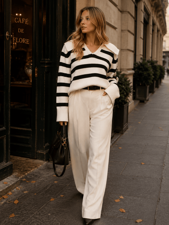 WOMEN'S LONG SLEEVE V-NECK COLORBLOCK STRIPES PULLOVER SWEATER