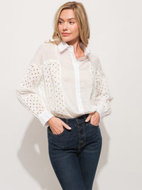 WOMEN'S LONG SLEEVE BUTTON UP EYELET TOP