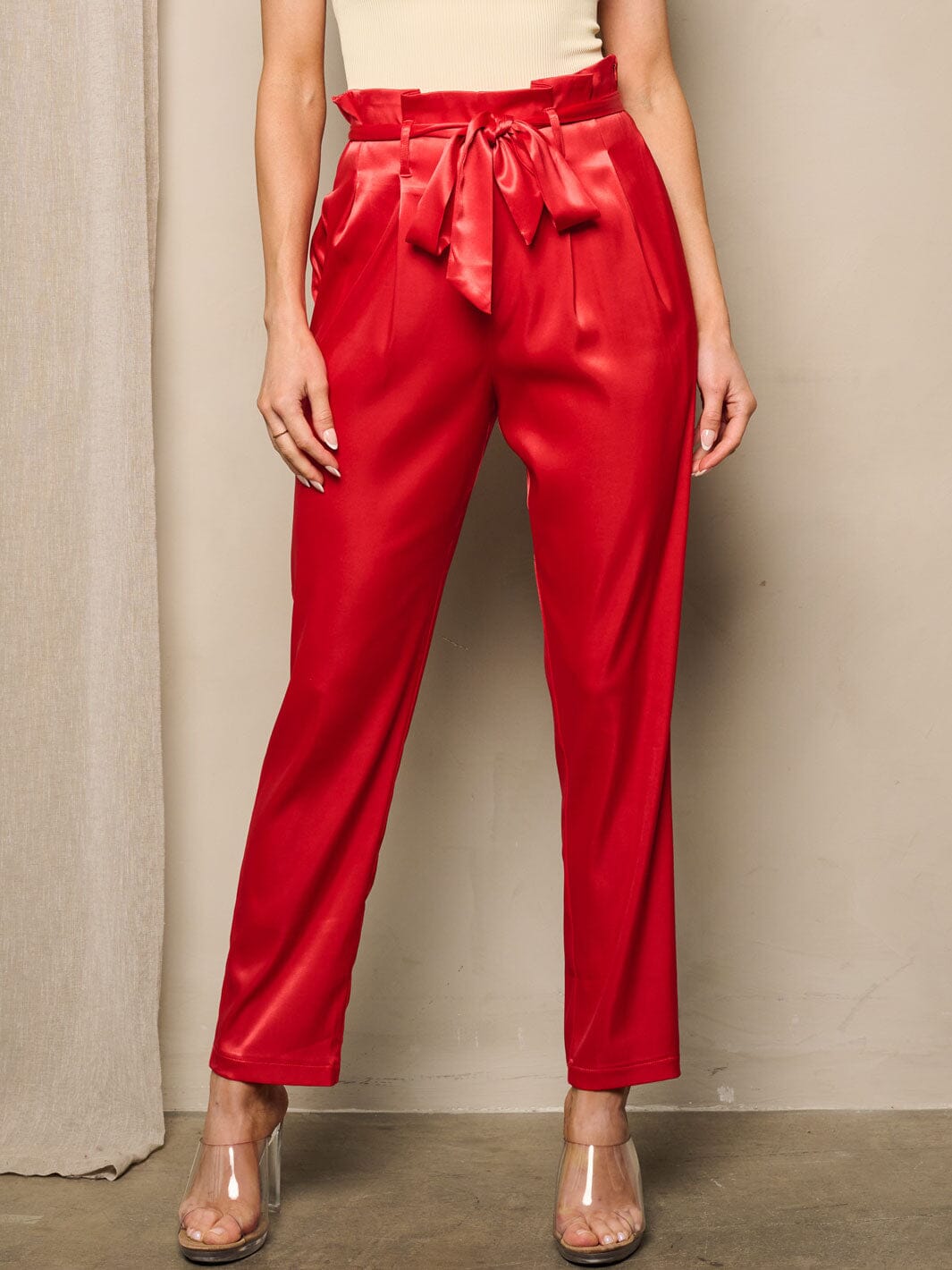 WOMEN'S HIGH WAIST SELF TIE POCKETS SATIN PANTS