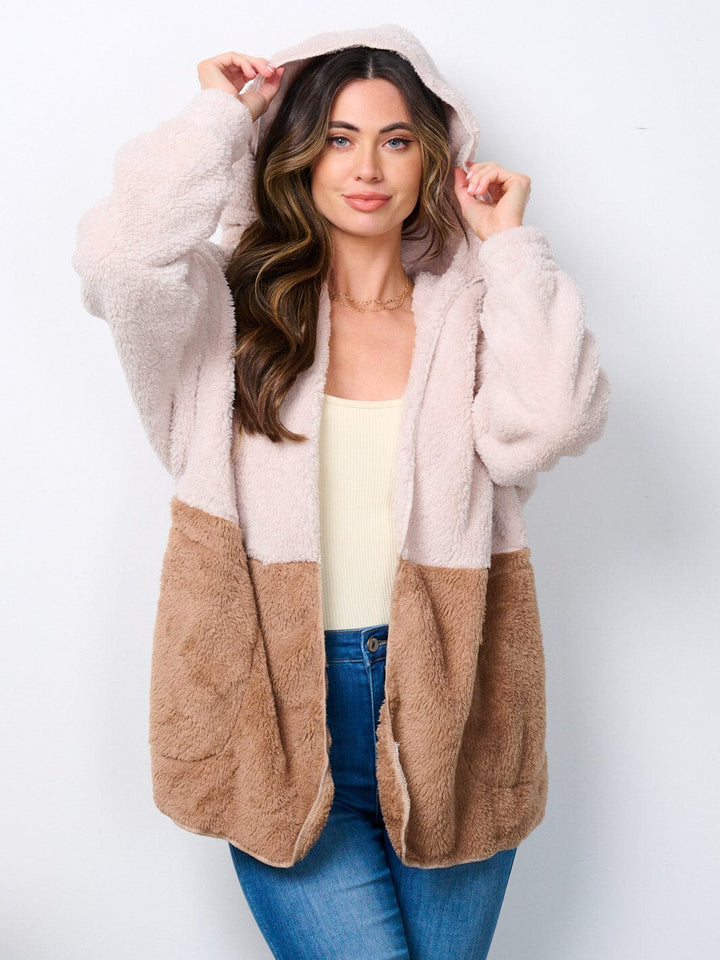 WOMEN'S LONG SLEEVE OPEN FRONT COLORBLOCK SHERPA HOODED CARDIGAN