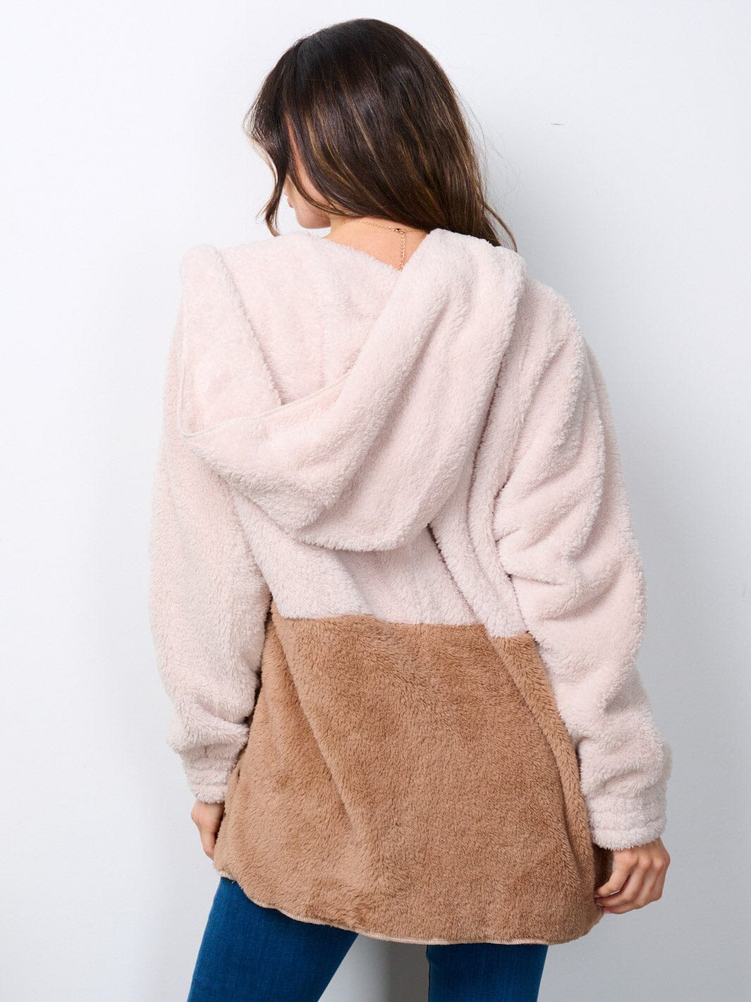 WOMEN'S LONG SLEEVE OPEN FRONT COLORBLOCK SHERPA HOODED CARDIGAN