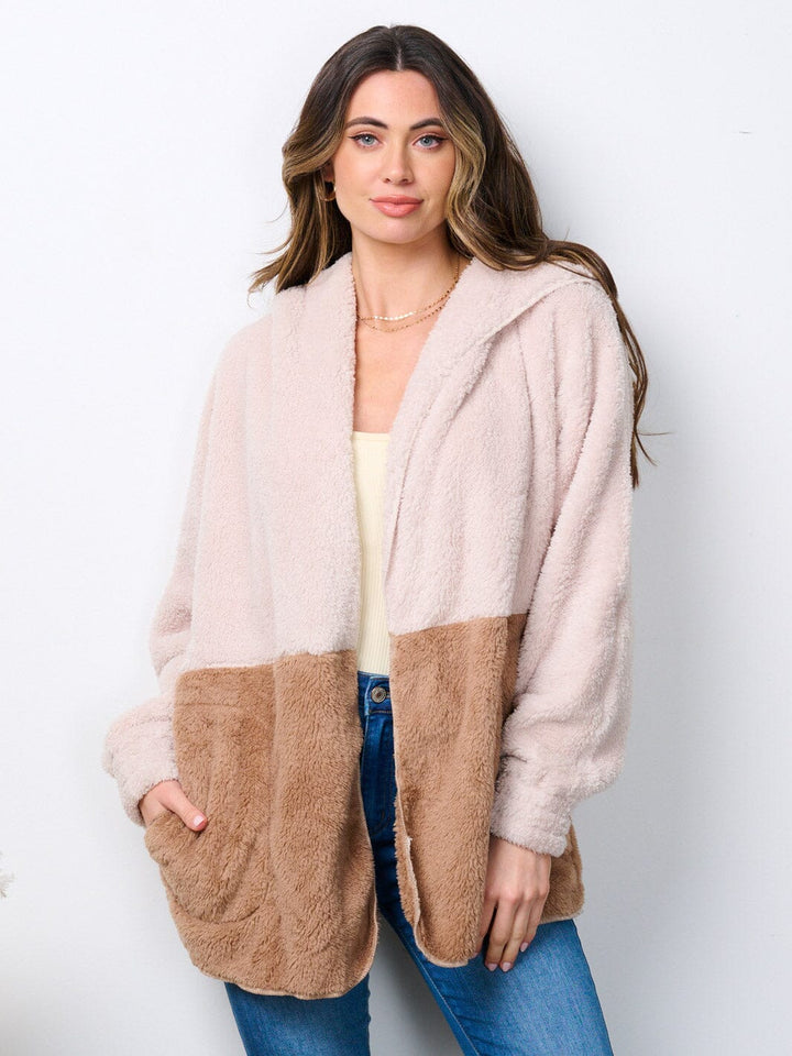 WOMEN'S LONG SLEEVE OPEN FRONT COLORBLOCK SHERPA HOODED CARDIGAN