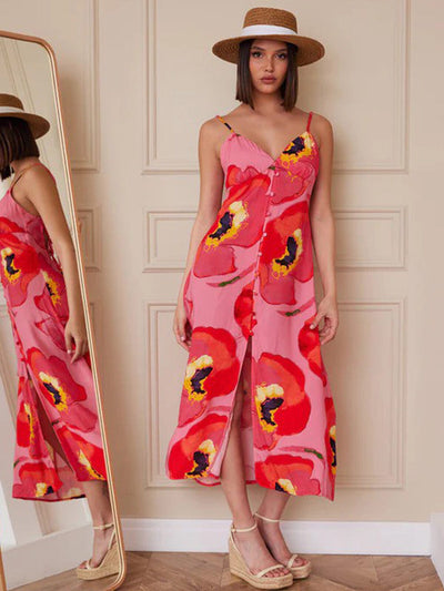 WOMEN'S SLEEVELESS BUTTON UP V-NECK OPEN BACK PRINTED MIDI DRESS
