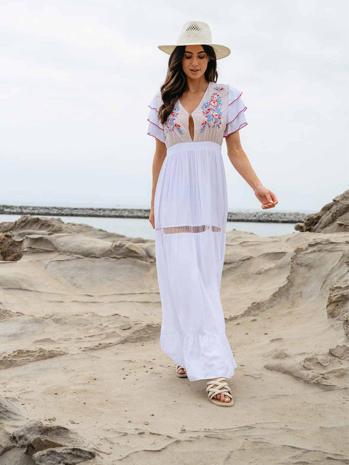WOMEN'S SHORT RUFFLE SLEEVE EMBROIDERY MAXI DRESS