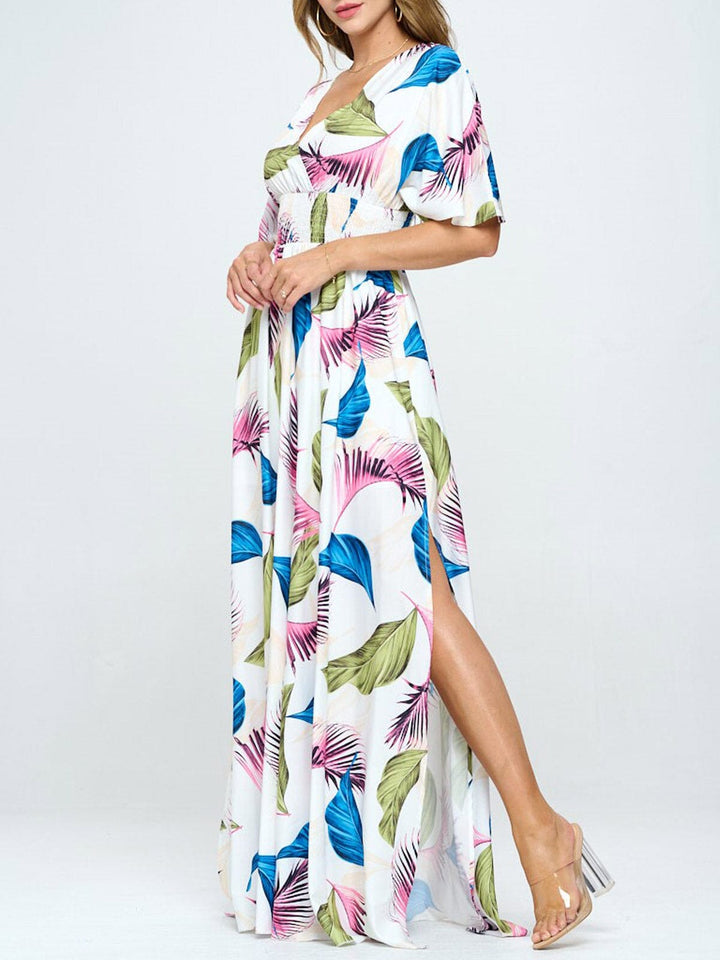 WOMEN'S SHORT SLEEVE SURPLICE SMOCK WAIST PRINTED MAXI DRESS