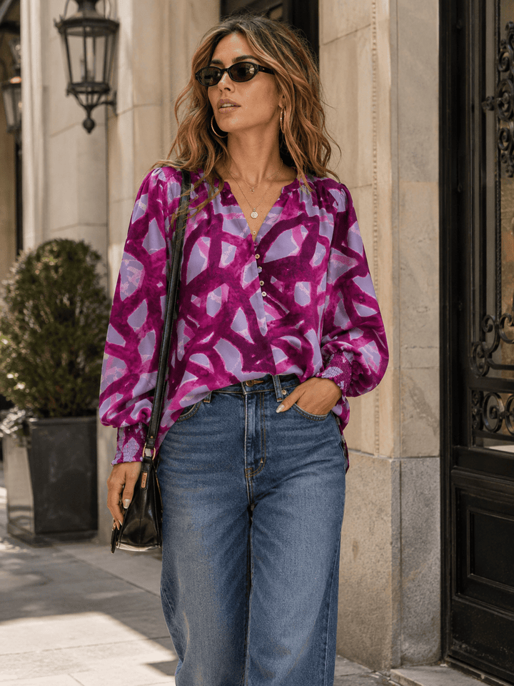 ENTRO WOMEN'S LONG SLEEVE V-NECK BUTTON UP MULTI PRINT BLOUSE