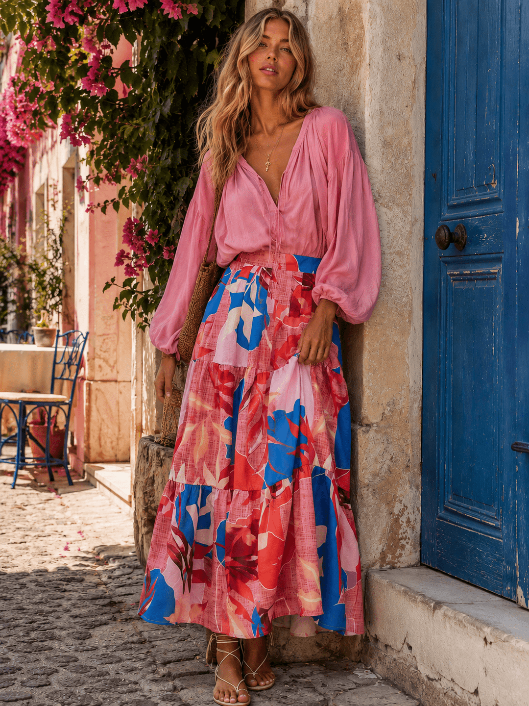 WOMEN'S ZIPPER CLOSURE TIERES FLORAL PRINT MAXI SKIRT